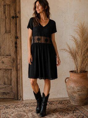 Johnny Was Embroidered Dress XS Black Sheer Waist Boho Y2K Festival Midi Rare